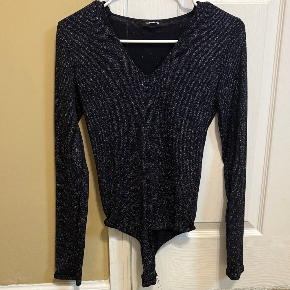 Express Sparkling Navy Blue Long Sleeve Bodysuit